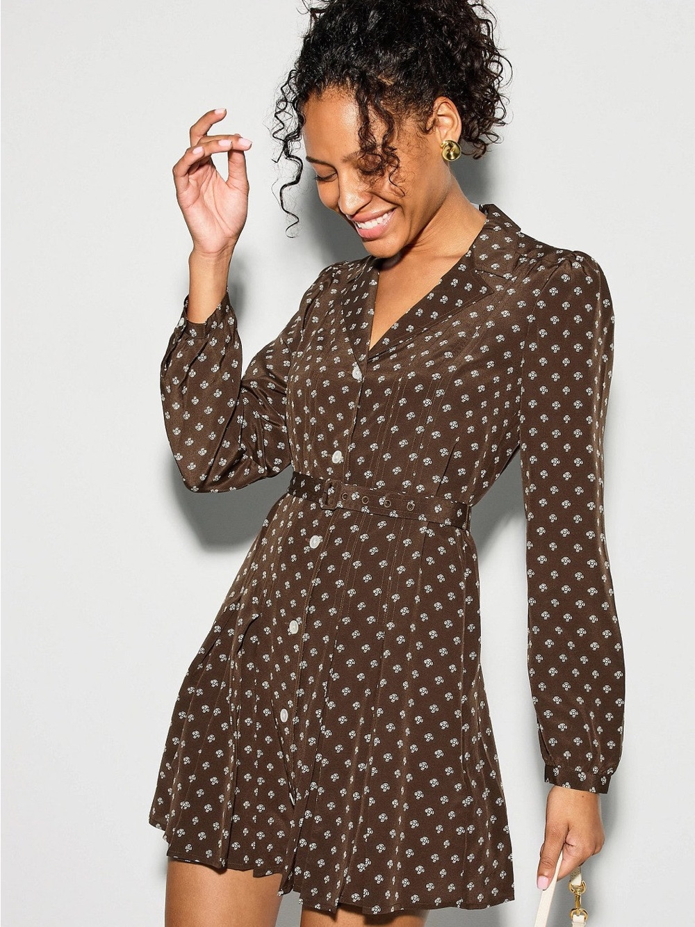 Ralph Lauren Brown Printed Button-Front Long Sleeve Dress size 8 MSRP $500